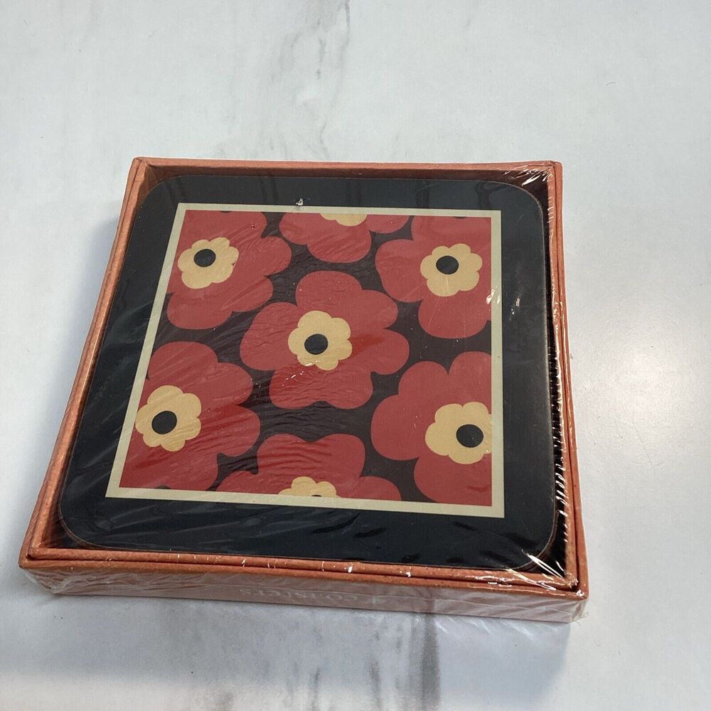 New Rock Flower Paper Set Of 4 Pansy Coasters Red Brown Gift Cute *H